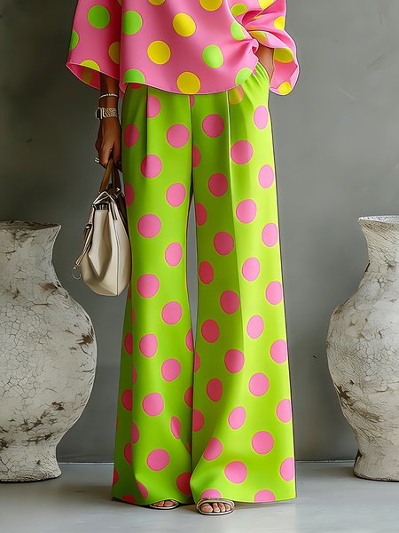 

Vacation Polka Dots Printing Wide Leg Pants, Green, Pants
