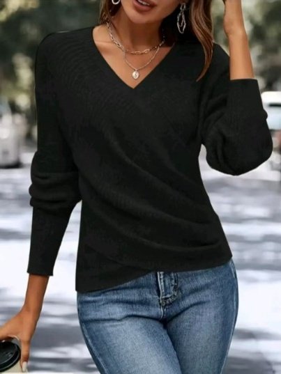 

Women Plain Split Joint Street Long Sleeve V Neck Cotton-Blend Spring/Fall Sweater, Black, Sweaters