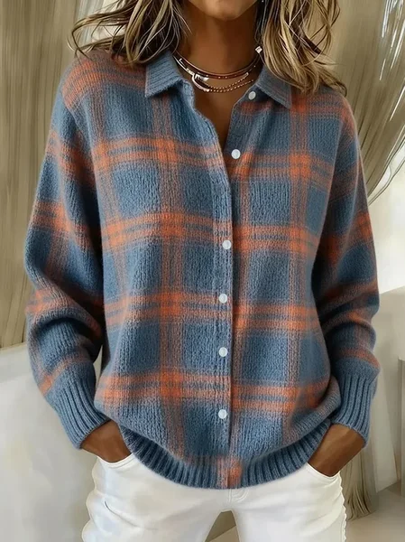 Women Plaid Long Sleeve Comfy Vintage Printing Cardigan