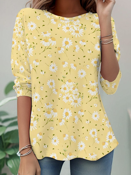

Women Floral Long Sleeve Tee T-shirt Crew Neck Casual Tunic Spring/Fall Top, Yellow, T-Shirts