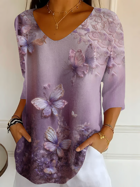 

Women Butterfly Three Quarter Sleeve Tee T-shirt V Neck Printing Casual Graphic Tee Spring/Fall Top, Purple, T-Shirts
