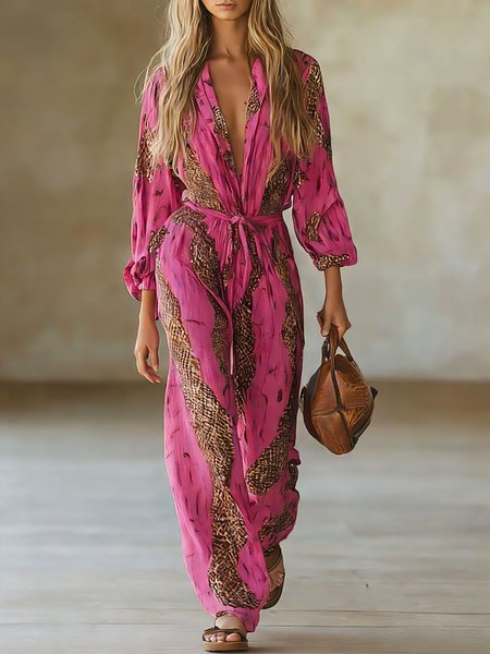 

Casual Balloon Sleeve Printing Leopard Shawl Jumpsuit With Belt, Pink, Jumpsuits