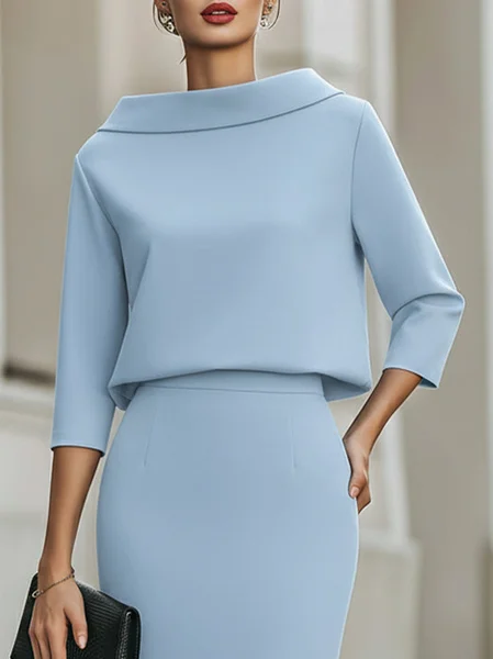 

Elegant Plain Shawl Collar Blouse, Blue, Blouses and Shirts