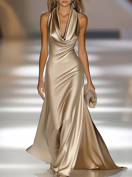 

Elegant Plain Cowl Neck Maxi Party Dress, Golden, Cocktail Dresses