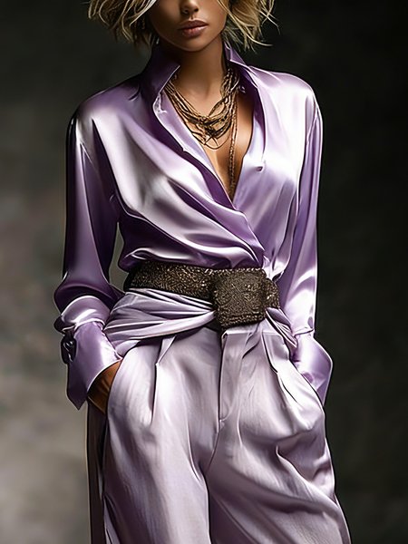 

Elegant Plain Stand Collar Shirt, Purple, Blouses and Shirts