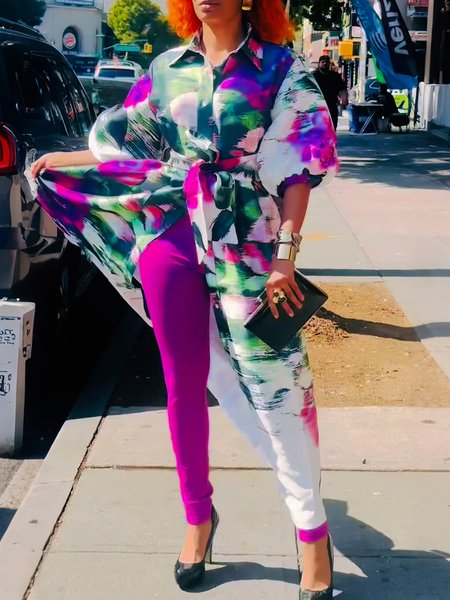 

Urban Floral Printing Shirt Collar Half Sleeve Shirt With Belt, As picture, Blouses and Shirts