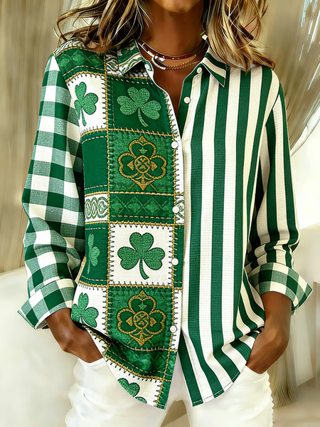 

Shirt Collar Regular Sleeve Long Sleeve Striped Buckle Regular Loose Button Up Shirt Shirt For Women, Green, Shirts