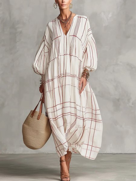 

Vacation Plaid Raglan Sleeves V Neck Midi Dress, As picture, Maxi Dresses
