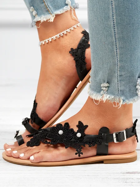 Boho Floral Adjustable Buckle Flat Heel Thong Sandals
