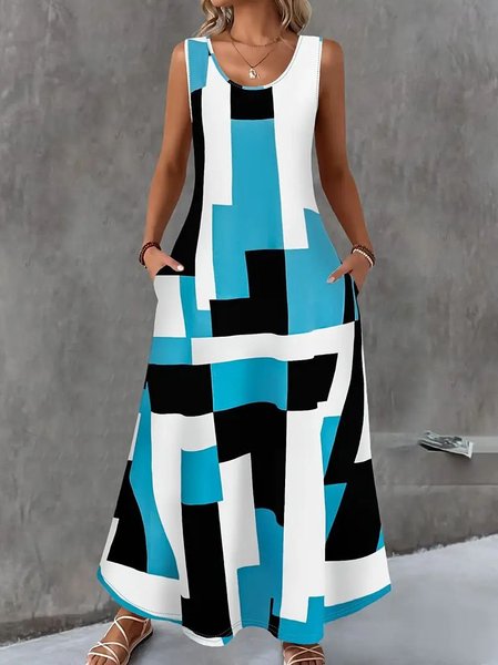 

Women Geometric Summer Dress Crew Neck Sleeveless Tank A-Line Dress, Blue, Dresses