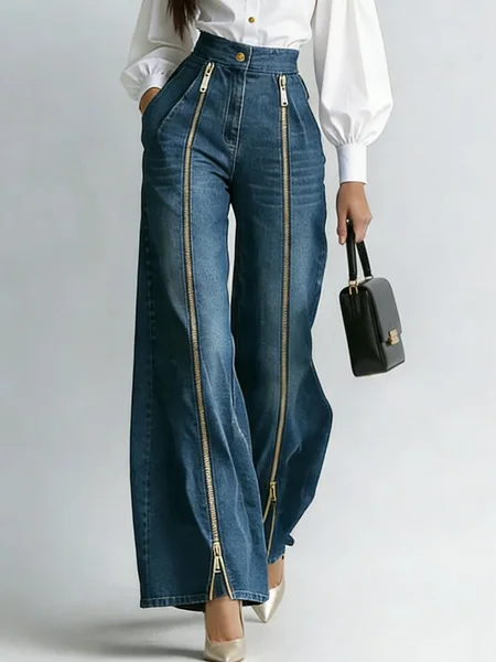 

Casual Long Straight Pants H-Line Zipper Regular Fit Daily, Blue, Jeans