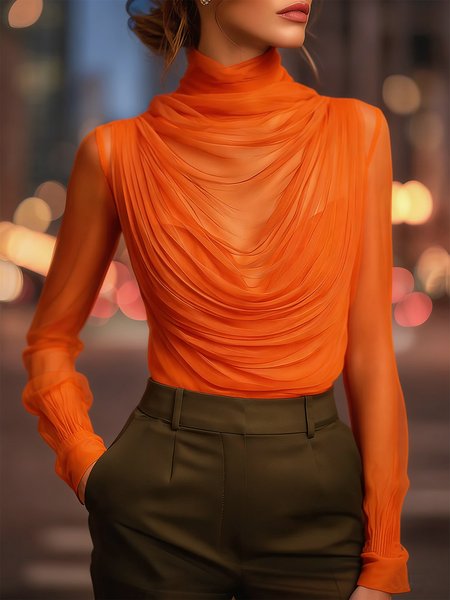 

Elegant Turtleneck Long Sleeve Blouse Plain Regular Fit Party Top, Orange, Blouses and Shirts