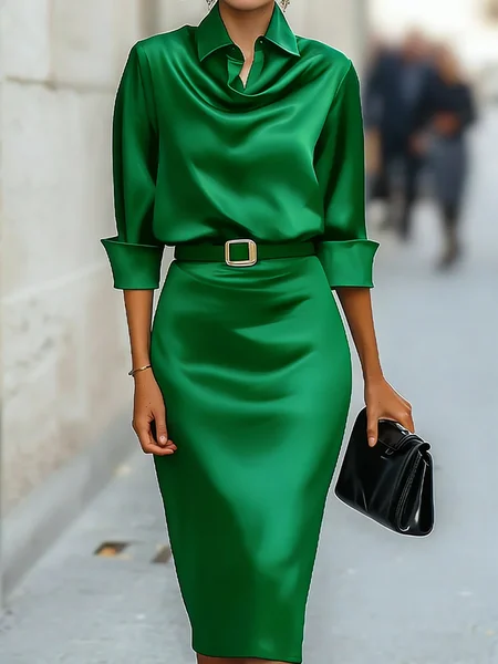 

Elegant Satin Knee Length Shirt Dress 3/4 Sleeve Summer Party, Green, Midi Dresses