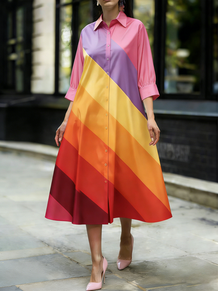 

Urban Colorblock Printing Shirt Collar Midi Dress, As picture, Midi Dresses