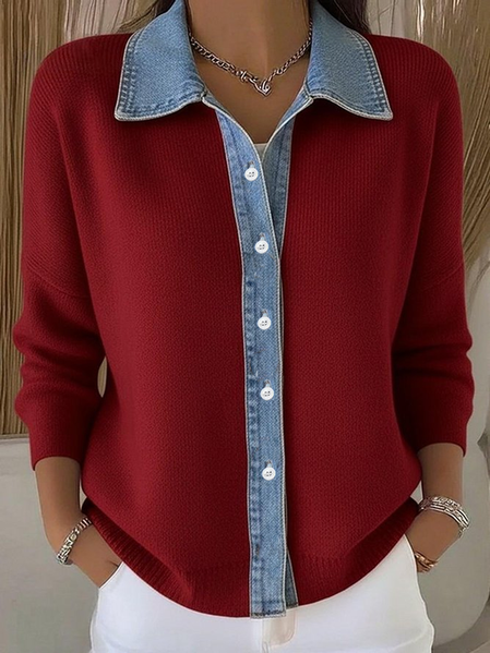 

Women Knitted Multicolor Block Long Sleeve Comfy Casual Cardigan, Red, Sweaters