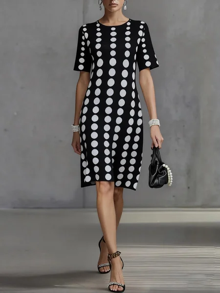 Classic Black and White Polka Dot Knit Midi Skirt