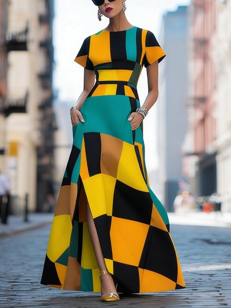 Urban Abstract Graphic Printing Crew Neck Maxi Dress