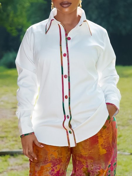 

Cotton Urban Color Block Piping Shirt Collar Shirt, White, Blouses and Shirts