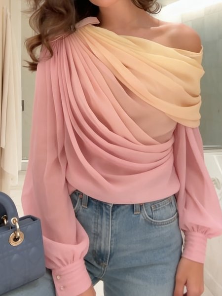 Elegant Ombre Printing Ruched Cold Shoulder Blouse