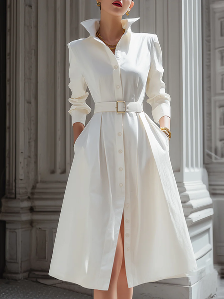 Urban Plain Shirt Collar Midi Dress With Belt