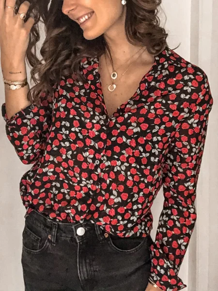 

Shawl Collar Long Sleeve Polka Dots Split Joint Regular Micro-Elasticity Loose Tunic Shirt For Women, Black, Shirts