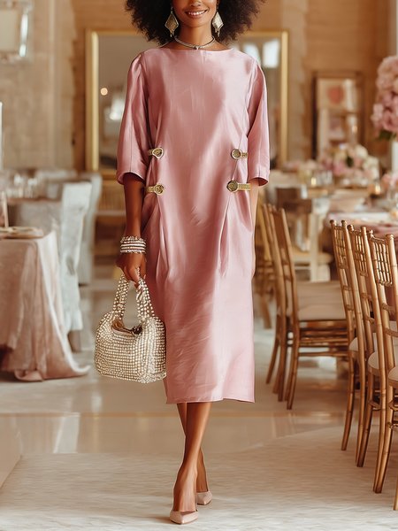 Cotton And Linen Elegant Plain Boat Neck Midi Dress