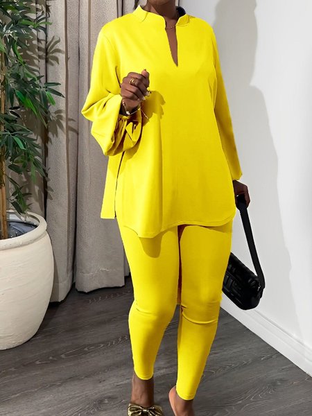 

Women Plain Split Joint Balloon Sleeve Two-Piece Set Daily Long Sleeve Casual Spring/Fall Top With Pants Matching Set, Yellow, Suit Set