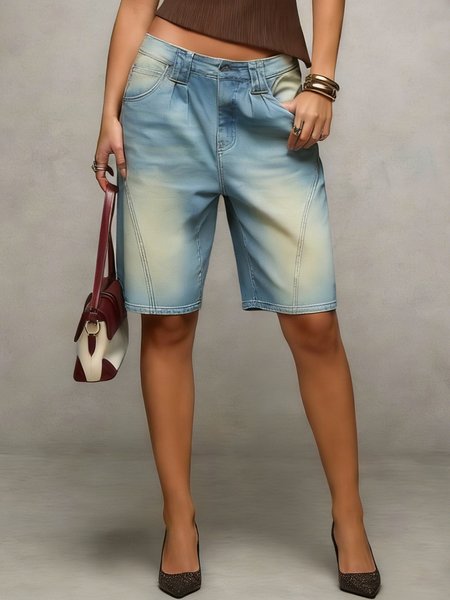 

Denim Distressing Casual Shorts, Blue, Denim Shorts