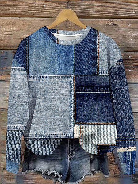 

Women Faux Denim Print Graphic Crew Neck Printing Casual Spring/Fall Long Sleeve Sweatshirt, Blue, Sweatshirts & Hoodies