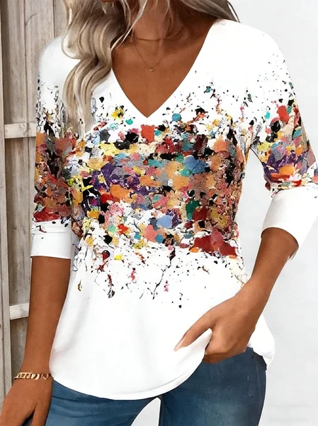 Casual Gradient Pattern V Neck Long Sleeve T-shirt