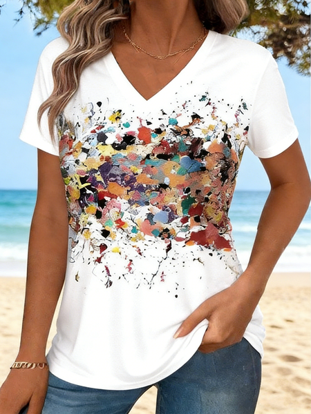 Casual Gradient Pattern V Neck Short Sleeve T-shirt