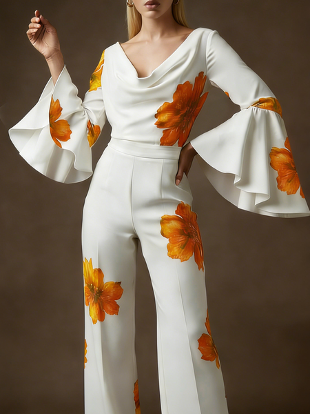 

Elegant Floral Cowl Neck Blouse, As picture, Blouses and Shirts