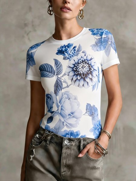 

Casual Floral Printing Crew Neck T-shirt, Blue, Tees