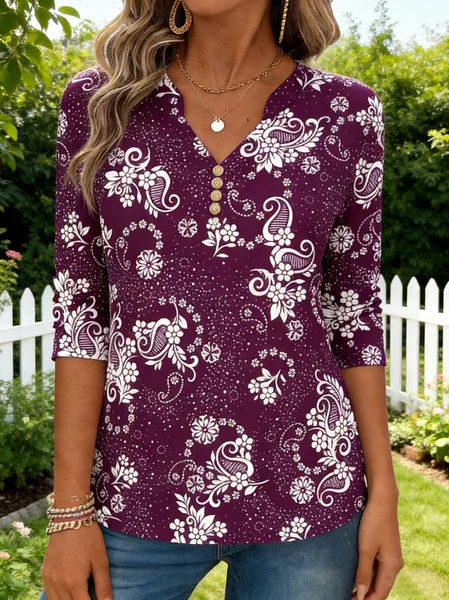 Casual Paisley V Neck Long Sleeve T-shirt