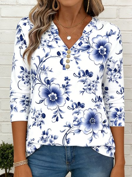 

Casual Floral V Neck Long Sleeve T-shirt, Blue, Blouses