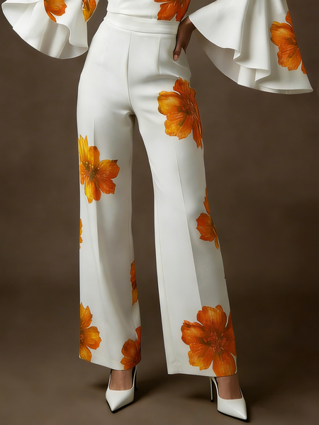 

Elegant Floral Straight Pants, As picture, Pants