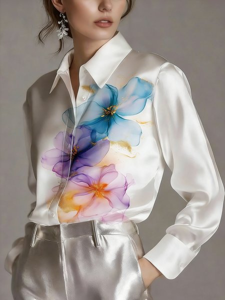 

Urban Floral Printing Shirt Collar Shirt, White, Blouses and Shirts