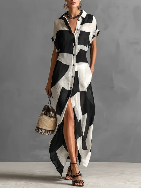 

Casual Geometric Shirt Collar Maxi Dress, Black-white, Midi Dresses