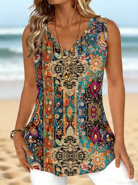 

Vintage V Neck Geometric Tank Top, As picture, Tanks & Camis