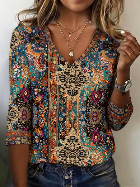 Casual Geometric V Neck Long Sleeve T-shirt