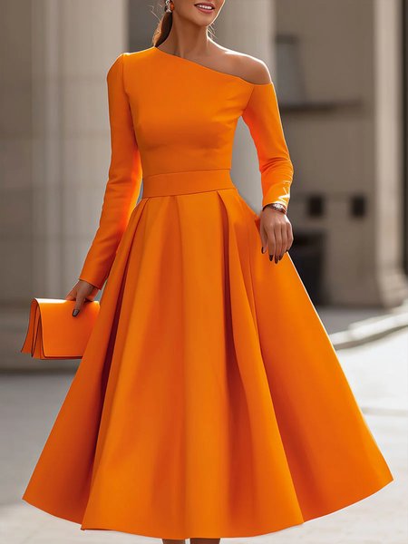 

Elegant Plain Cold Shoulder Midi Dress, Orange, Midi Dresses