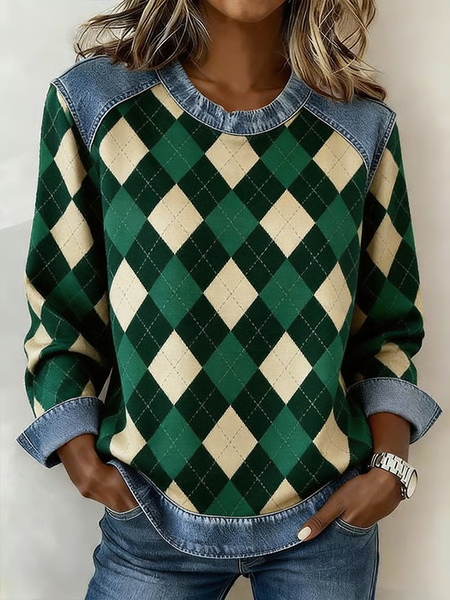 

Women Plaid Crew Neck Printing Vintage Spring/Fall Long Sleeve Sweatshirt, Green, Sweatshirts & Hoodies