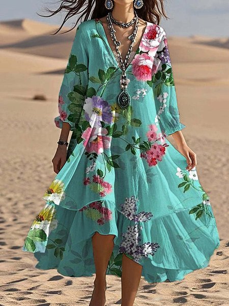 Women Floral Summer Dress Half Sleeve A-Line Dress