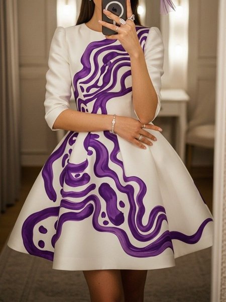 

Elegant Abstract Printing Crew Neck Mini Dress, Purple, Cocktail Dresses