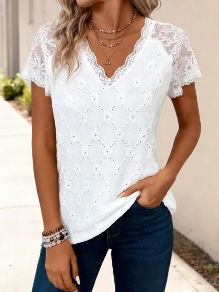 

Casual Floral V Neck Half Sleeve T-shirt, White, T-shirts