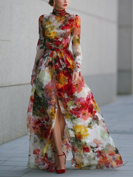 Elegant Floral Slit Stand Collar Maxi Party Dress
