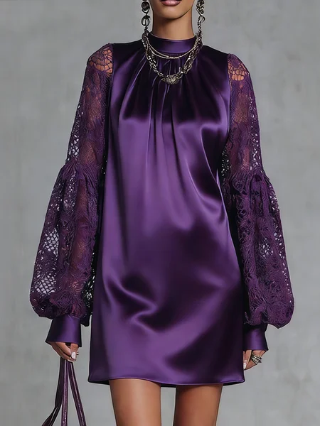 

Elegant Plain Lace Satin Stand Collar Mini Dress, Purple, Mini Dresses