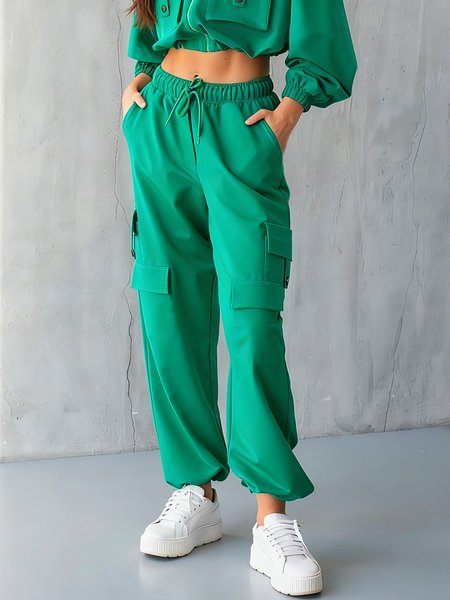 

Casual Plain Ankle Banded Pants, Green, Pants
