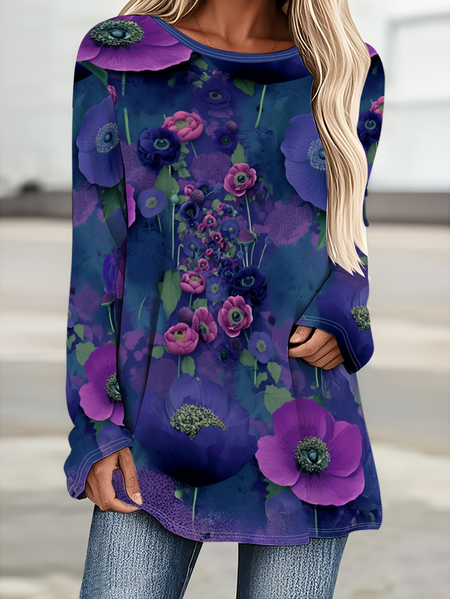 

Women Floral Long Sleeve Tee T-shirt Crew Neck Printing Casual Graphic Tee Spring/Fall Top, Purple, T-Shirts