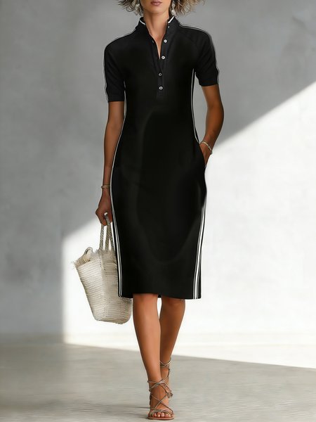 

Casual Color Block Buttoned Shawl Collar Midi Dress, Black, Midi Dresses